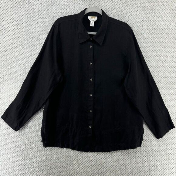 VTG Talbots Top Women 18W Black Irish Linen Mother Of Pearl Button Up Semi-Sheer - Picture 1 of 13